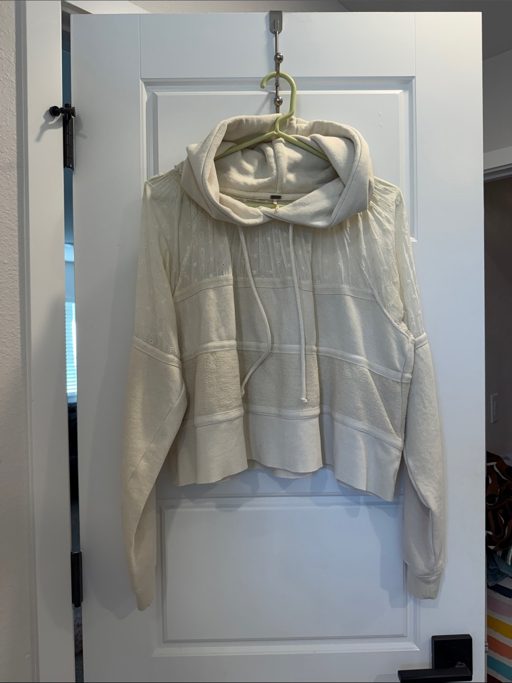 Free People Cream Hooded Eyelet Pullover Sweater